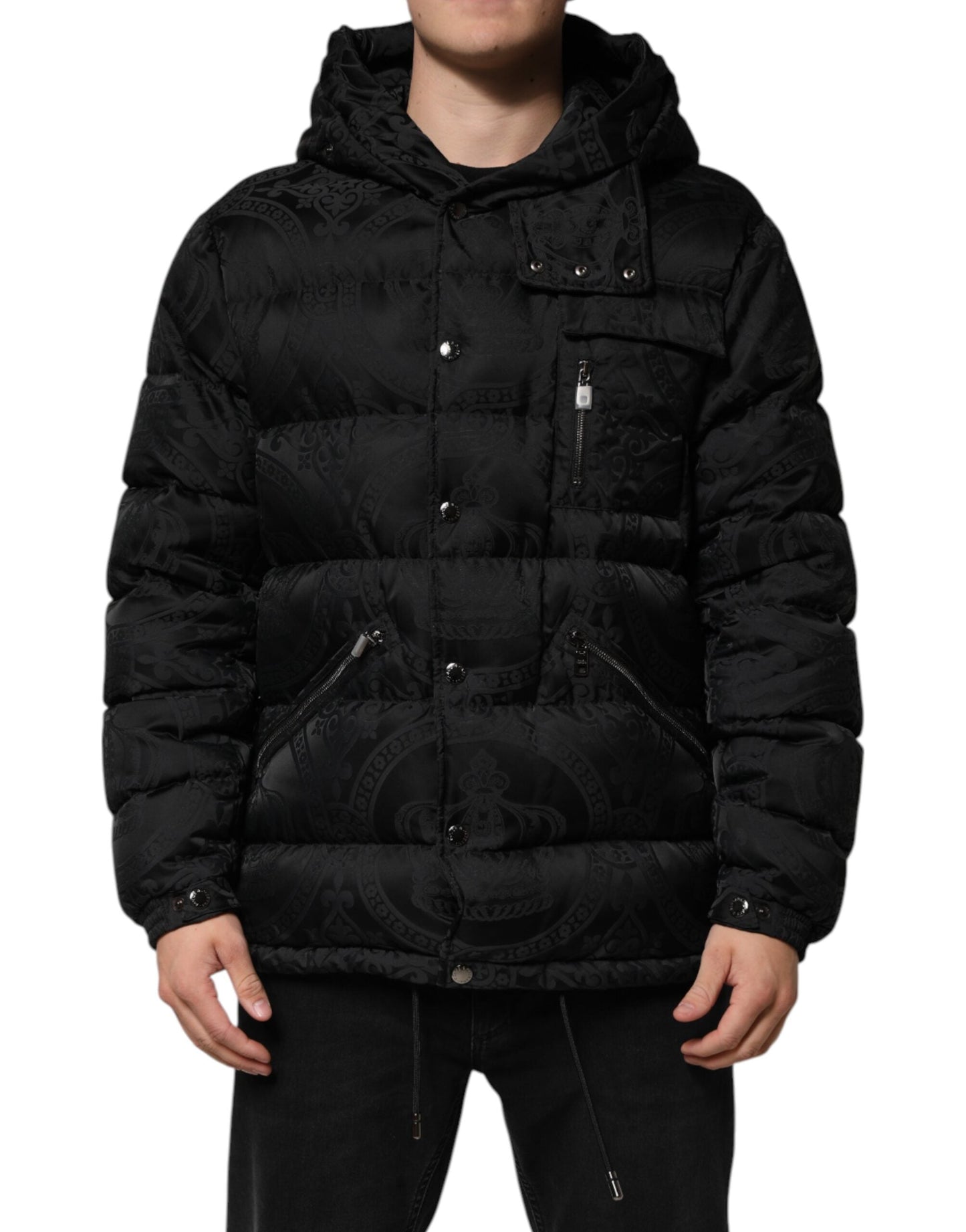 Dolce & Gabbana Black Jacquard Quilted Puffer Hooded Jacket