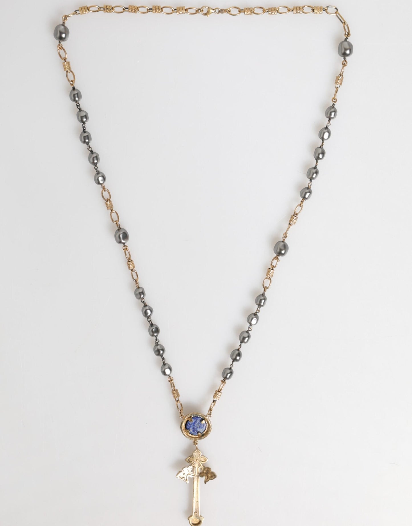 Dolce & Gabbana Gold Tone Beaded Chain Religious Cross Necklace