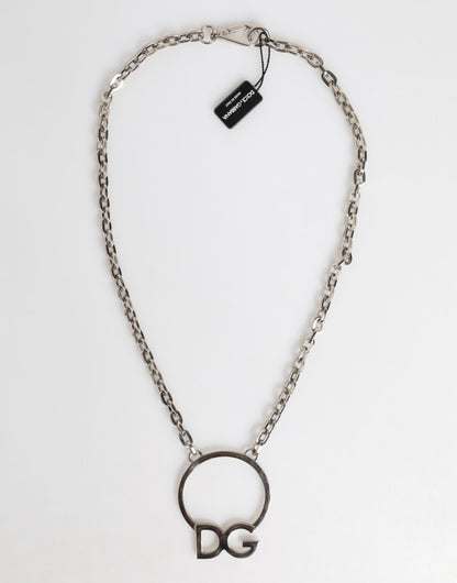 Dolce & Gabbana Silver Tone Brass Chain DG Logo Pendant Men Necklace
