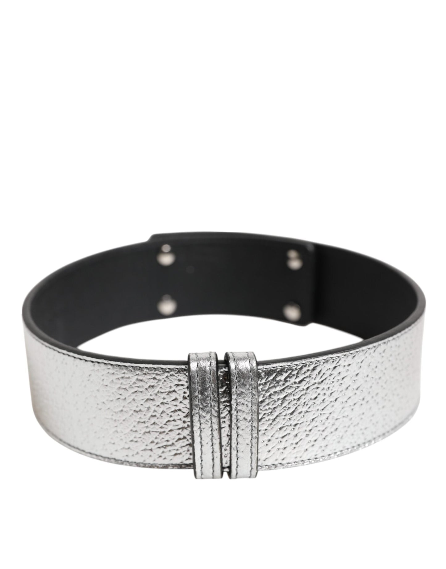 Dolce & Gabbana Silver Textured Leather Gold Tone Metal Neckband