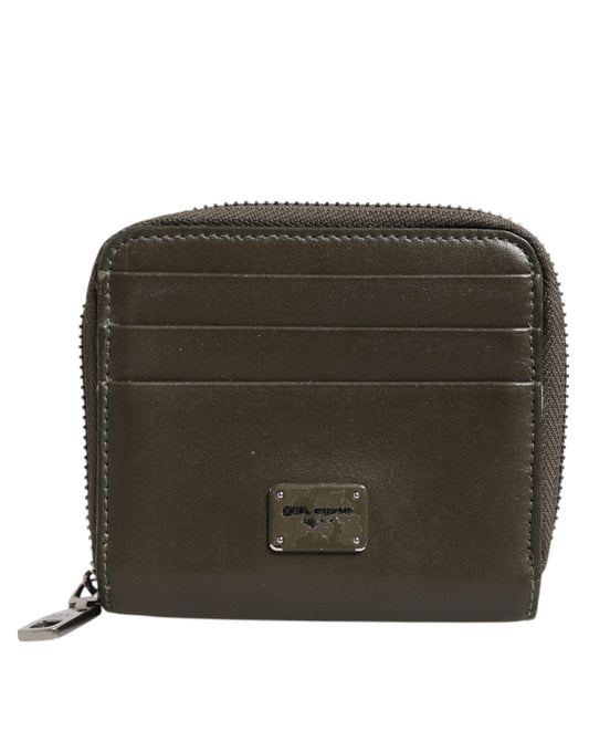 Dolce & Gabbana Brown Leather Logo Plaque Card Holder Coin Purse Wallet