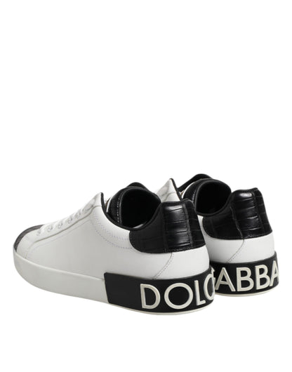 Dolce & Gabbana White Black Leather Portofino Sneaker Shoes