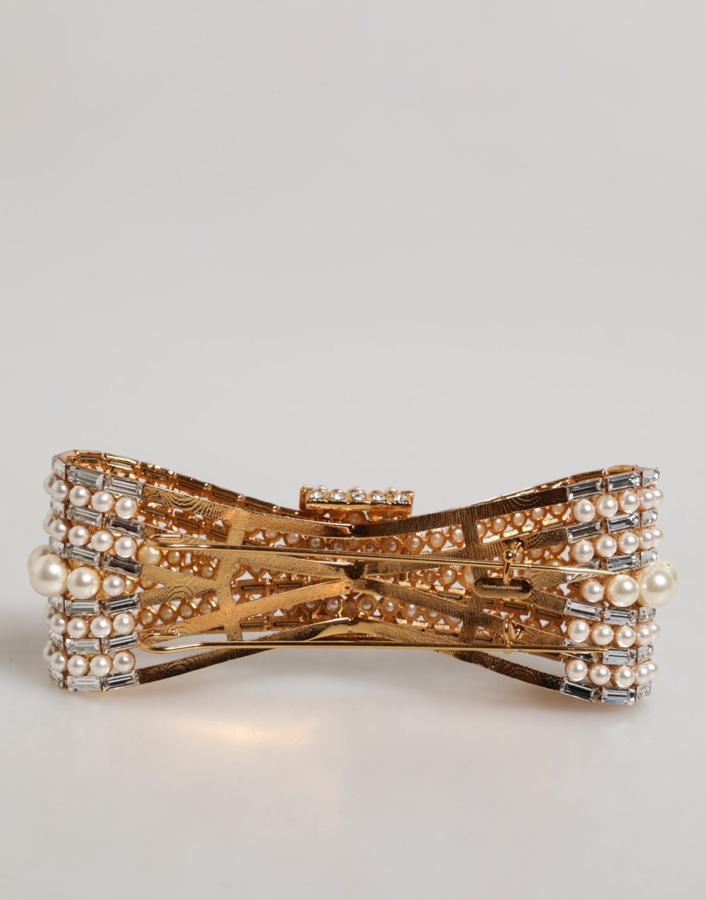 Dolce & Gabbana Gold Tone Brass Bow Crystal FauxPearl Embellished Brooch