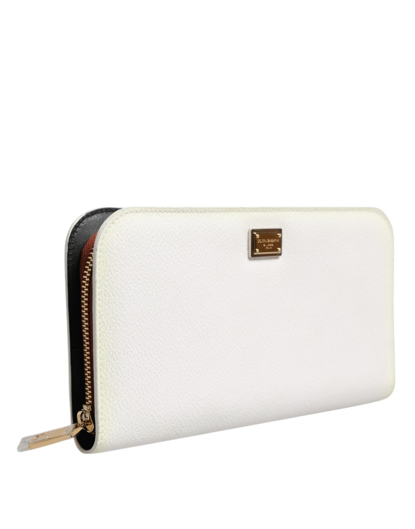 Dolce & Gabbana White Leather Logo Plaque Zip Around Continental Wallet