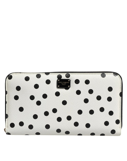 Dolce & Gabbana White Black Dotted Leather Zip Around Continental Wallet