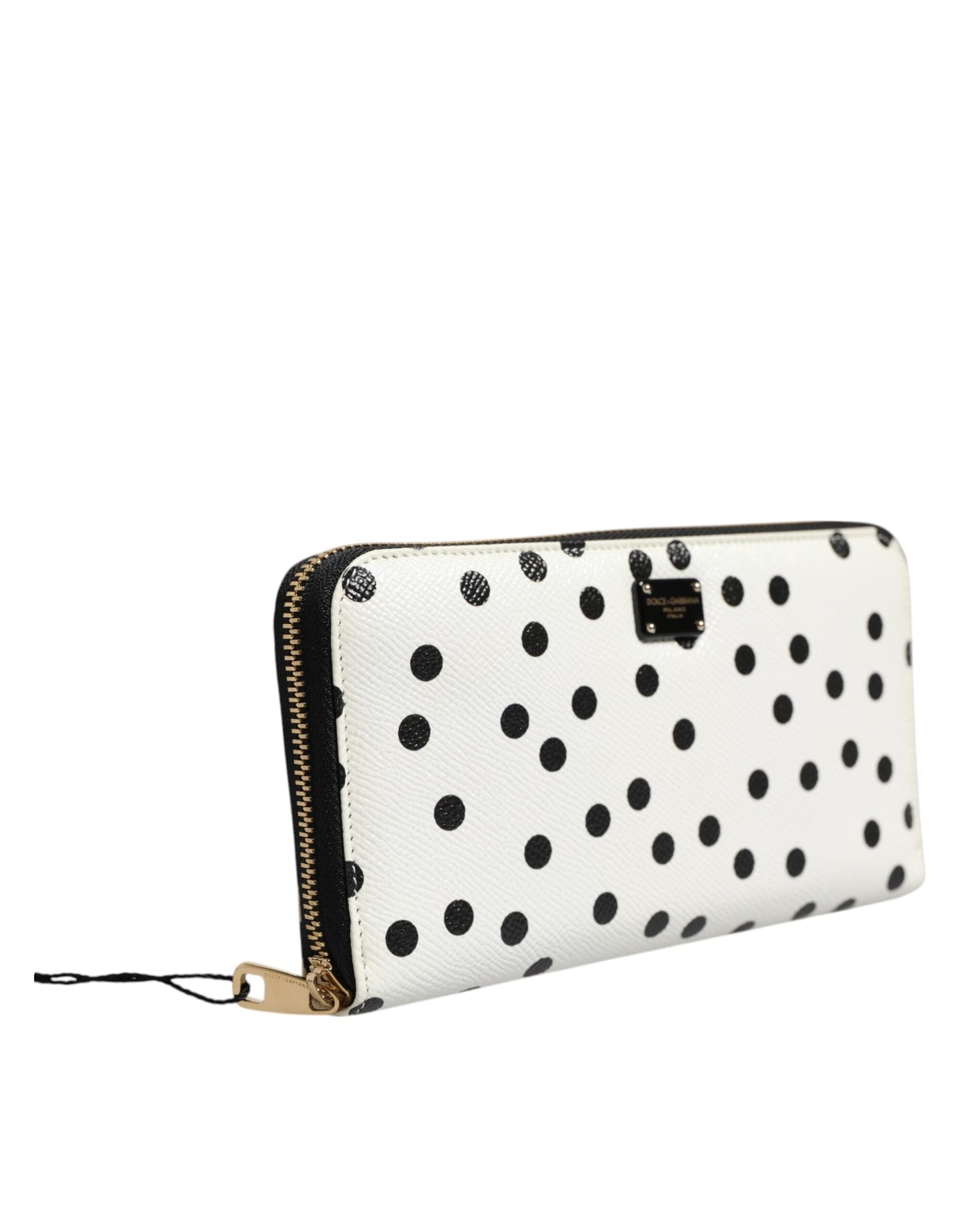 Dolce & Gabbana White Black Dotted Leather Zip Around Continental Wallet