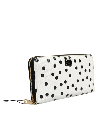 Dolce & Gabbana White Black Dotted Leather Zip Around Continental Wallet