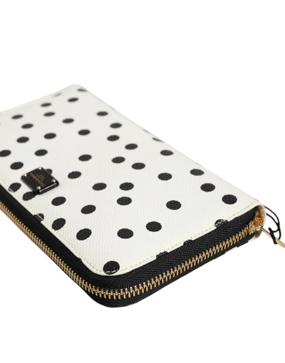 Dolce & Gabbana White Black Dotted Leather Zip Around Continental Wallet