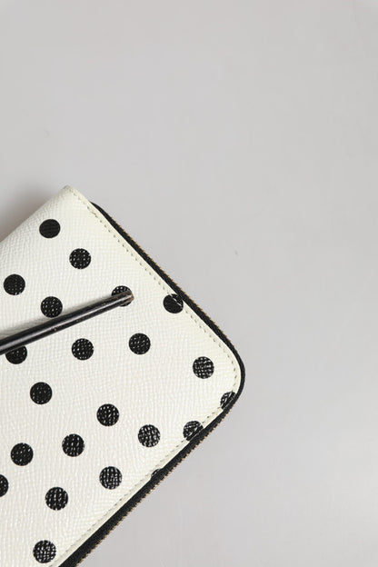 Dolce & Gabbana White Black Dotted Leather Zip Around Continental Wallet