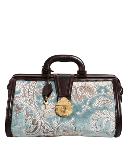 Dolce & Gabbana Blue Brown Leather Floral Jacquard Travel Handbag Bag