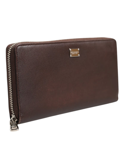 Dolce & Gabbana Brown Calfskin Leather Logo Zip Around Continental Wallet
