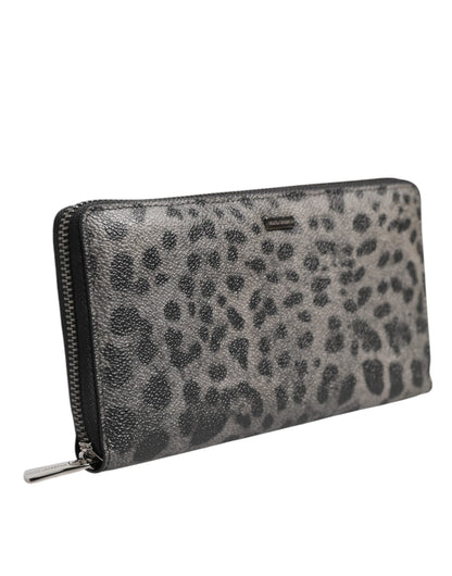 Dolce & Gabbana Black Gray Leopard Leather Zip Around Continental Wallet