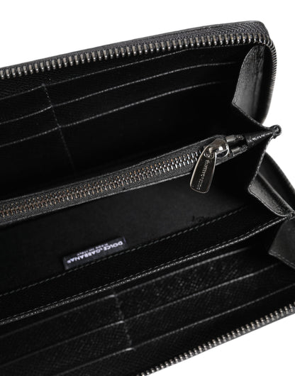 Dolce & Gabbana Black Gray Leopard Leather Zip Around Continental Wallet
