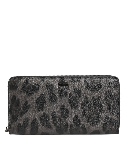 Dolce & Gabbana Black Gray Leopard Leather Zip Around Continental Wallet