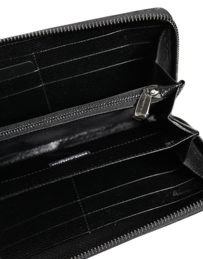Dolce & Gabbana Black Gray Leopard Leather Zip Around Continental Wallet