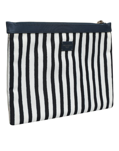 Dolce & Gabbana Black White Striped Logo Plaque Clutch Pouch Bag