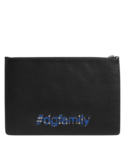 Dolce & Gabbana Black Leather #DGFAMILY Embellished Men Clutch Pouch Bag