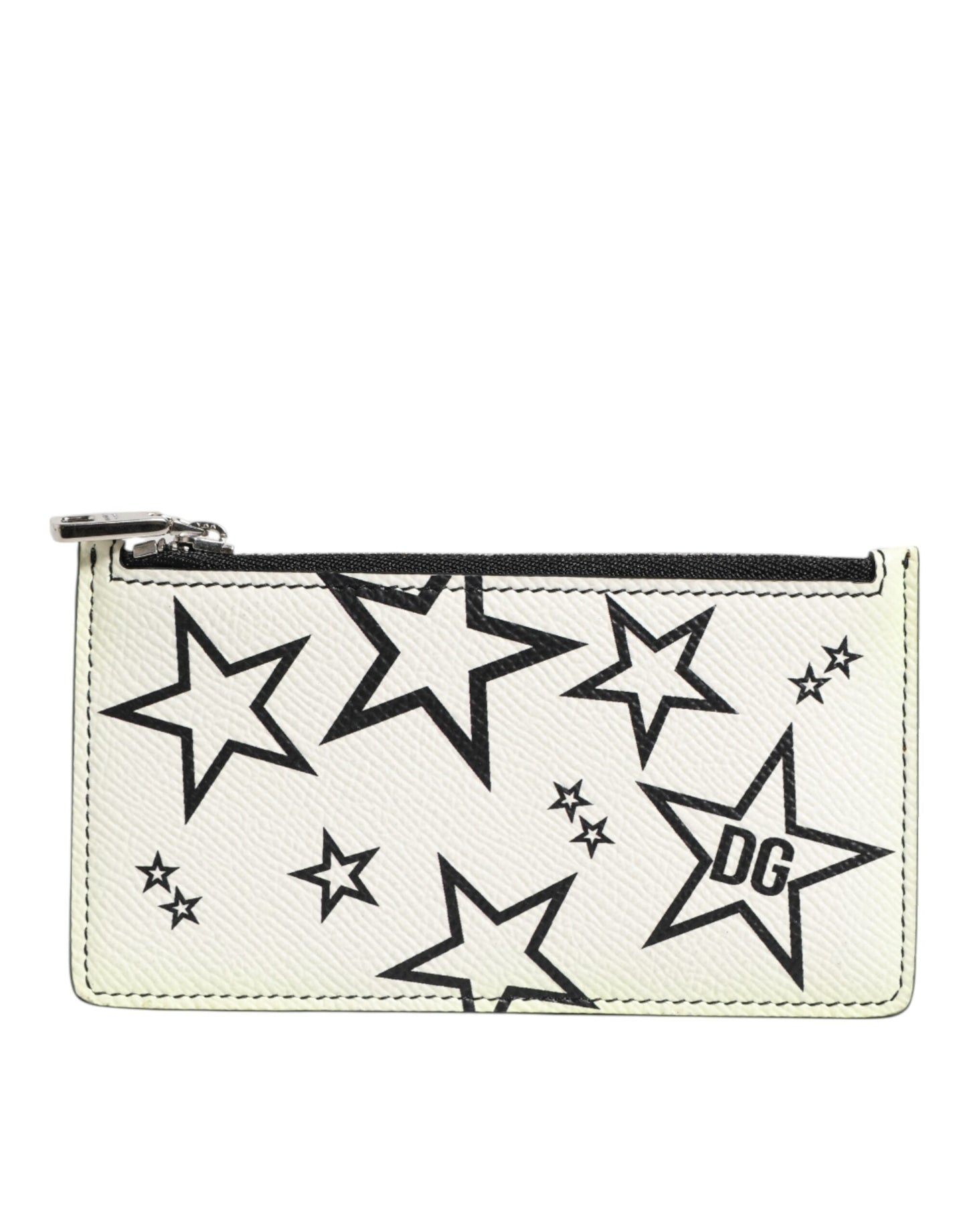 Dolce & Gabbana White Leather Douphin DG Logo Star Print Card Holder Wallet