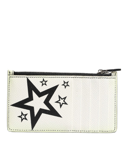 Dolce & Gabbana White Leather Douphin DG Logo Star Print Card Holder Wallet