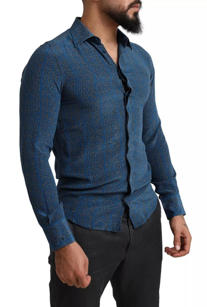 Dolce & Gabbana Blue MARTINI Silk Slim Fit Long Sleeves Shirt