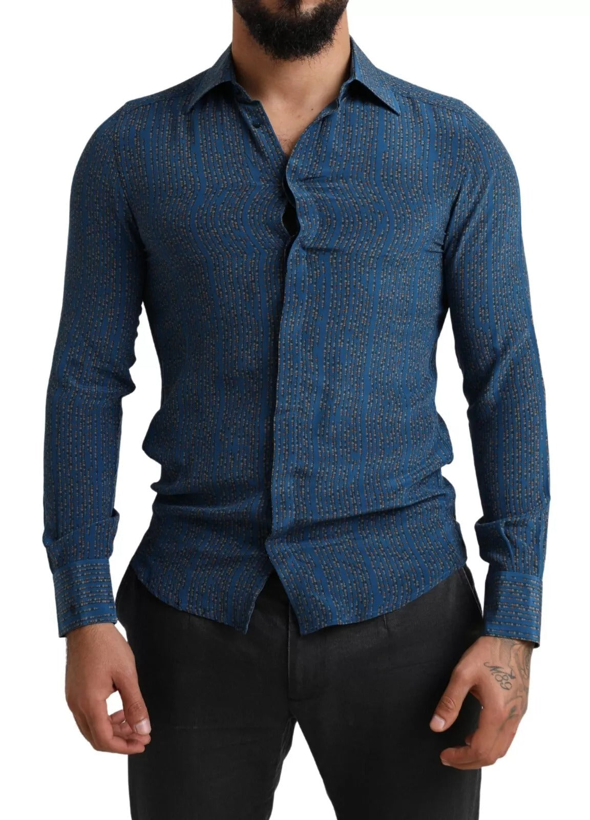 Dolce & Gabbana Blue MARTINI Silk Slim Fit Long Sleeves Shirt