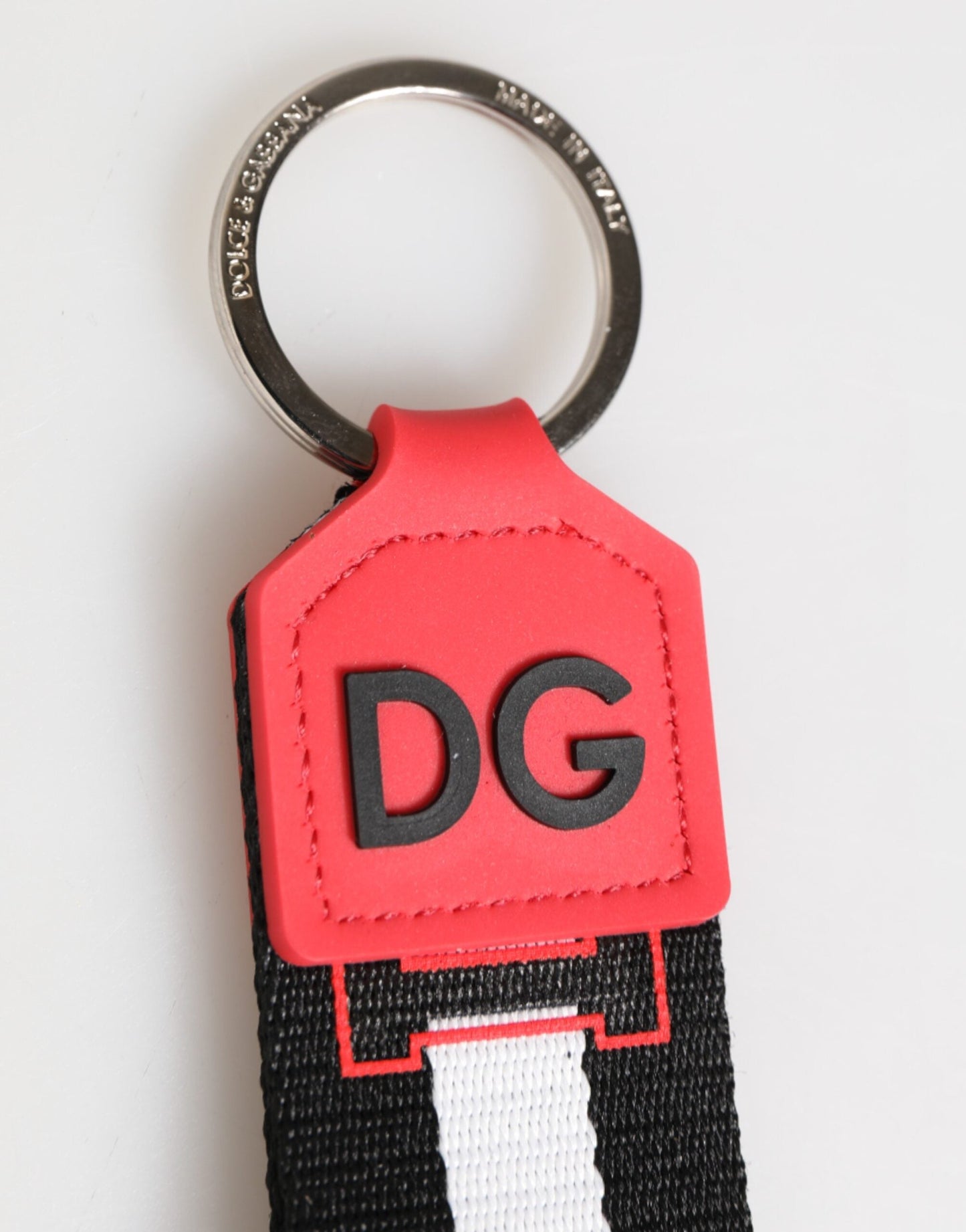 Dolce & Gabbana Red White DG Logo Polyester Brass Holder Keychain Keyring