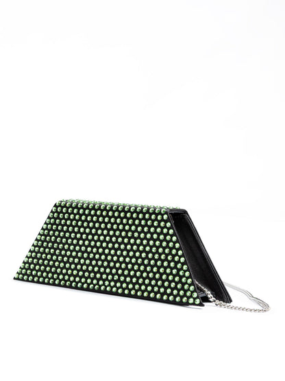 Amina Muaddi Mini Black Satin And Green Crystals Shoulder Bag