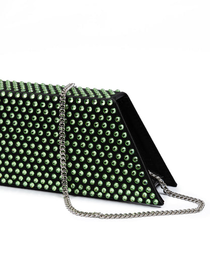 Amina Muaddi Mini Black Satin And Green Crystals Shoulder Bag