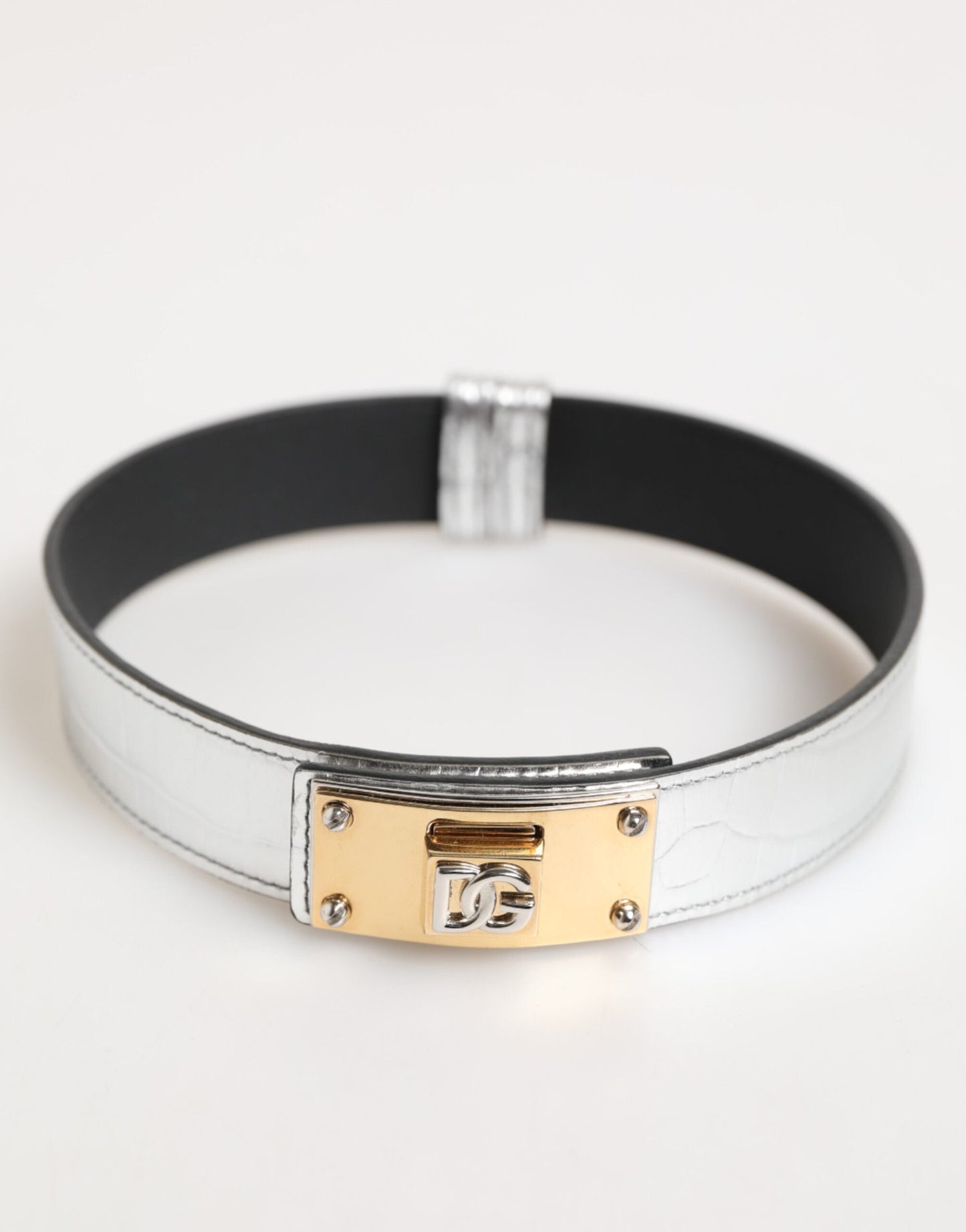Dolce & Gabbana Silver Textured Leather Gold Tone Metal Neckband