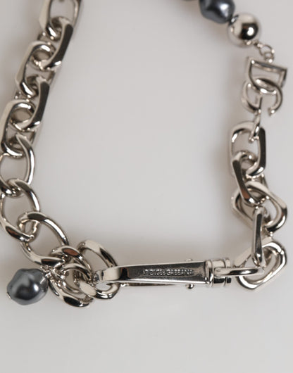 Dolce & Gabbana Silver Tone Chain Lobster Clasp Logo Gray Pearls Bracelet