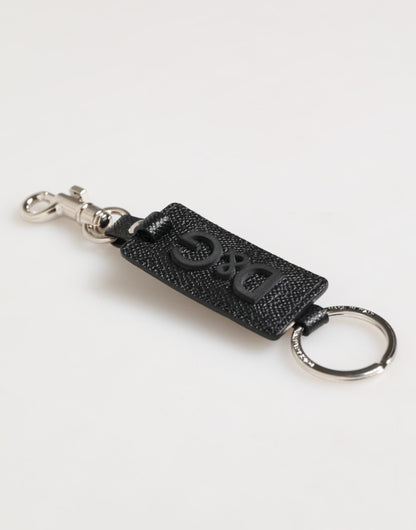 Dolce & Gabbana Black Leather Logo Metal Ring Keychain Holder Keyring