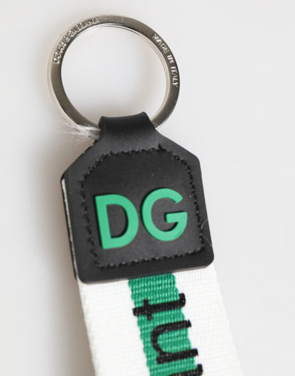 Dolce & Gabbana Green Logo Polyester Silver Brass Holder Keychain Keyring
