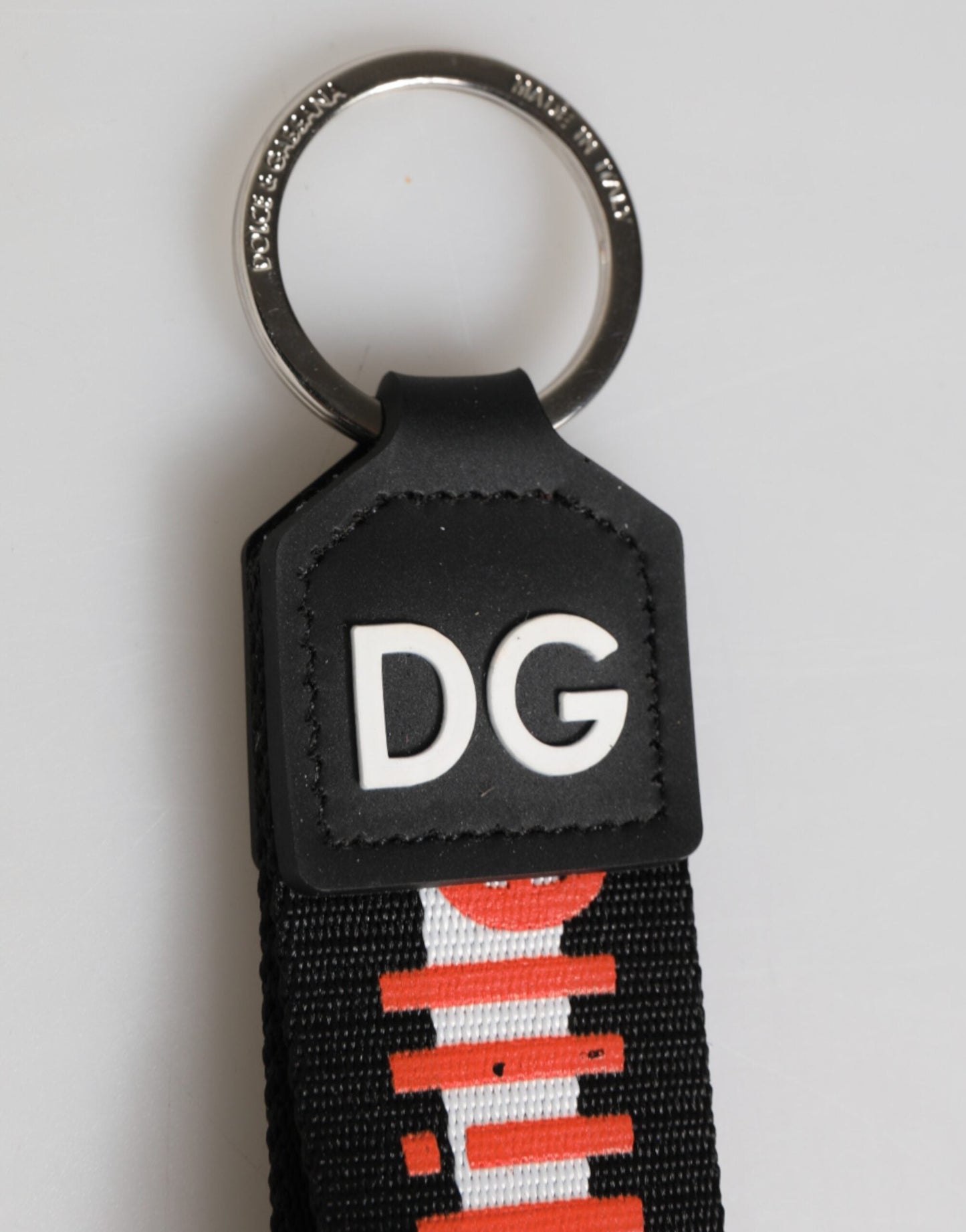 Dolce & Gabbana Black Red Logo Polyester Brass Holder Keychain Keyring