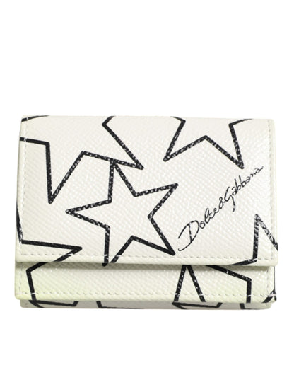Dolce & Gabbana White Leather Trifold DG Star Print Card Holder Wallet