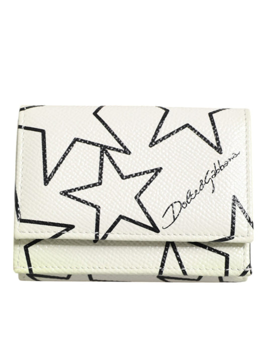 Dolce & Gabbana White Leather Trifold DG Star Print Card Holder Wallet