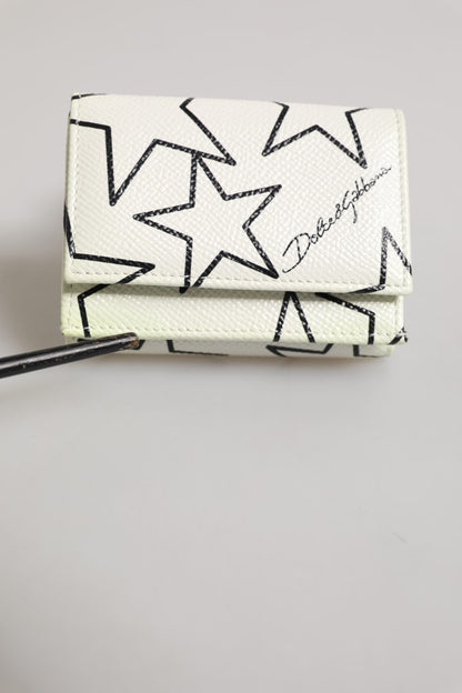 Dolce & Gabbana White Leather Trifold DG Star Print Card Holder Wallet
