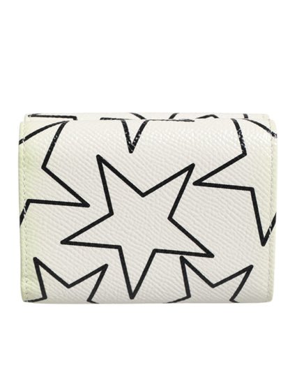 Dolce & Gabbana White Leather Trifold DG Star Print Card Holder Wallet