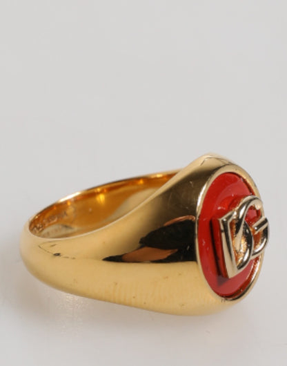 Dolce & Gabbana Gold Tone Real Brass Round Red DG Logo Men Ring