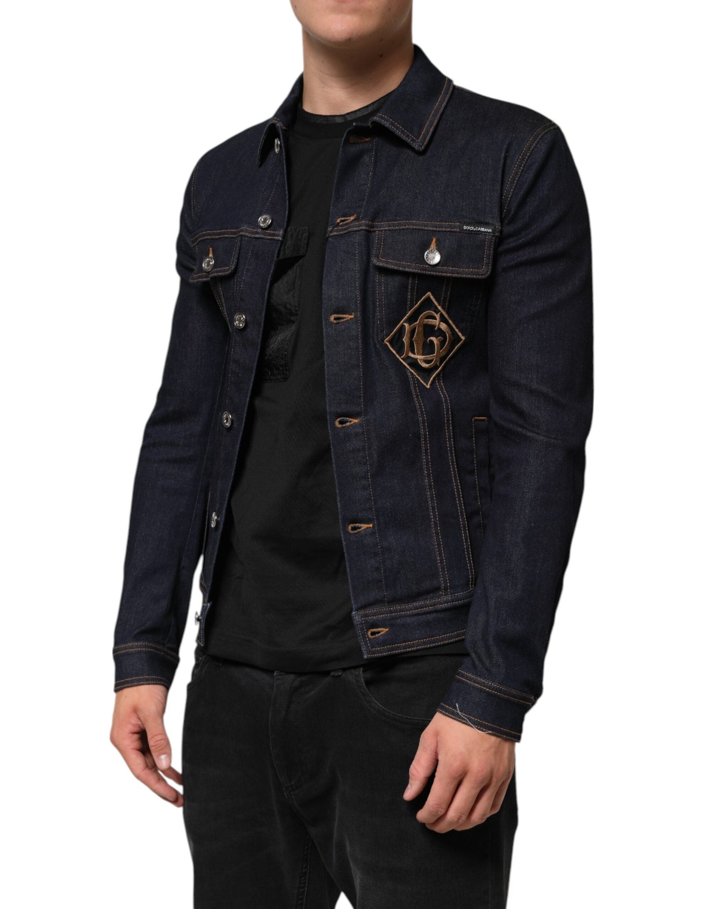 Dolce & Gabbana Indigo Blue Denim Slim Fit Logo Patch Jacket