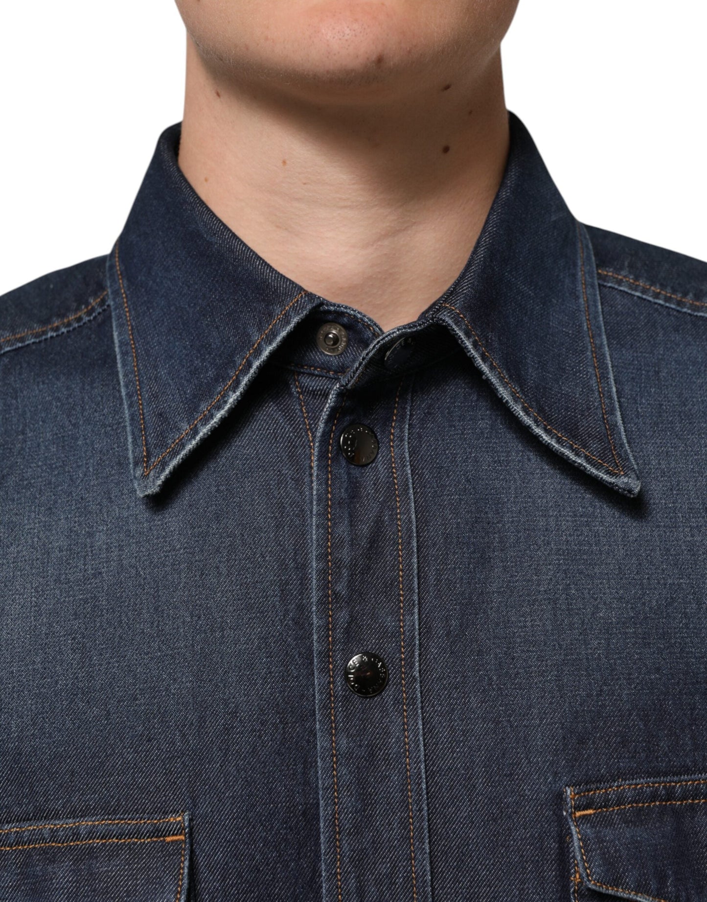 Dolce & Gabbana Blue Denim Button Casual Logo Patch Men Shirt