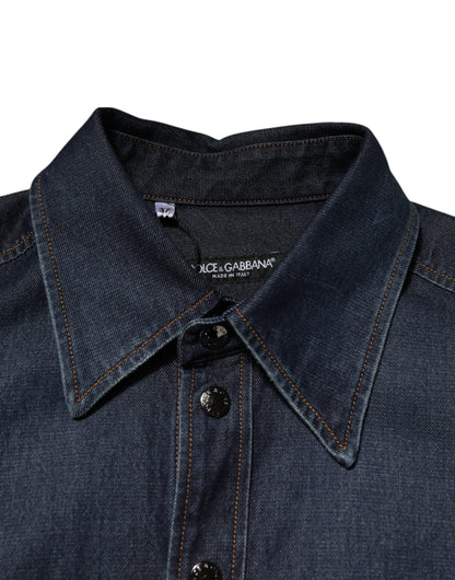 Dolce & Gabbana Blue Denim Button Casual Logo Patch Men Shirt