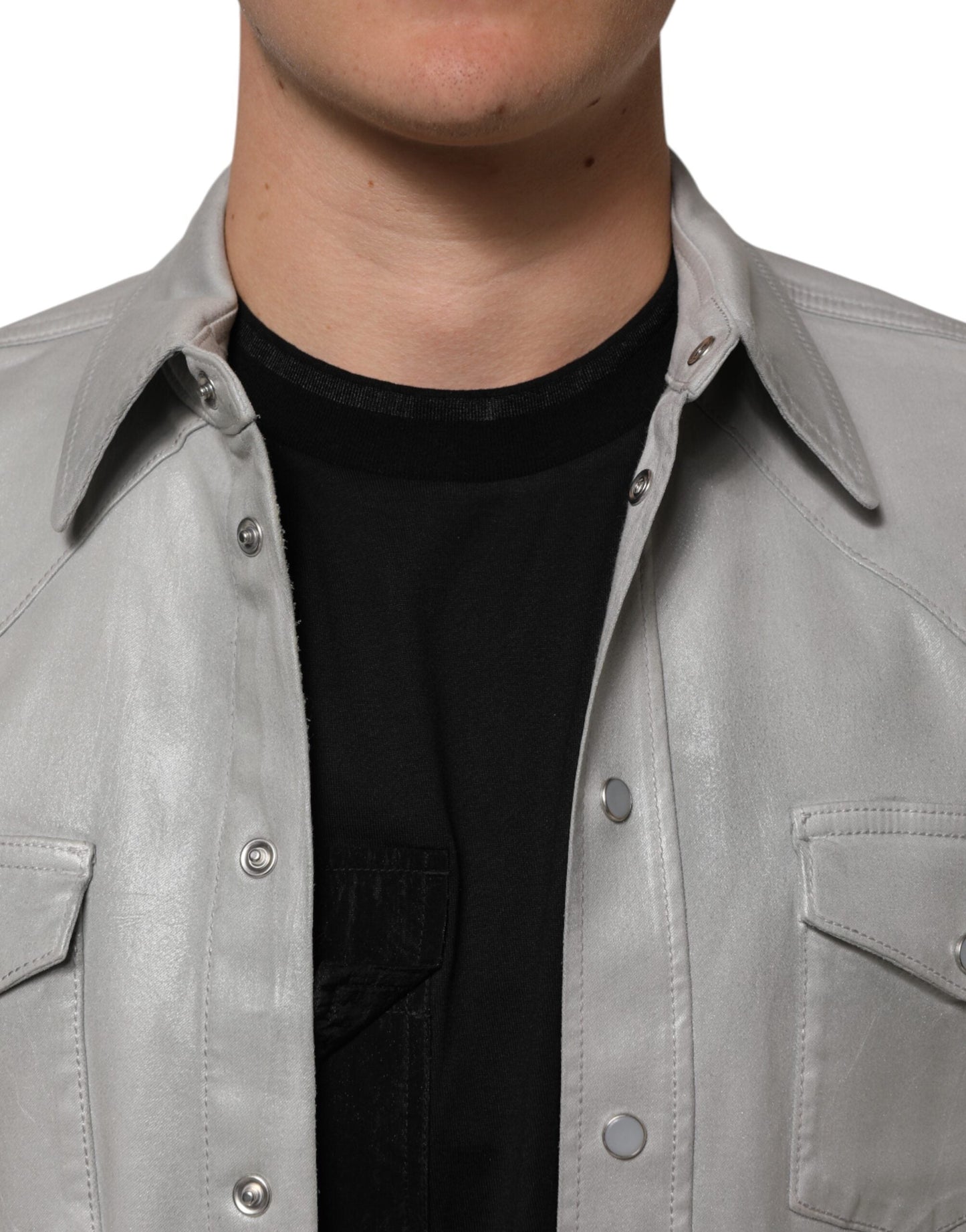 Dolce & Gabbana Gray Coated Cotton Snap Button Logo Men Shirt