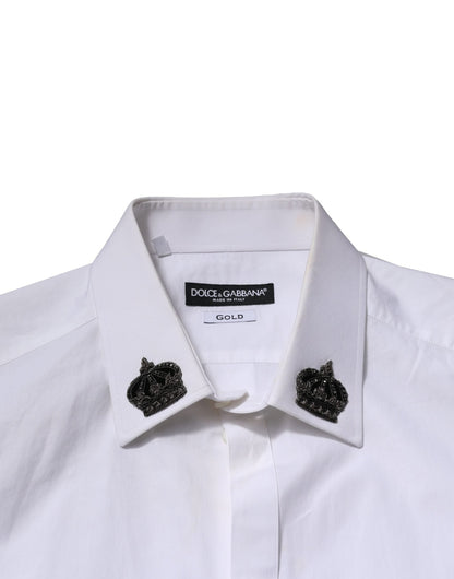 Dolce & Gabbana White Cotton Crown Collar GOLD Formal Shirt