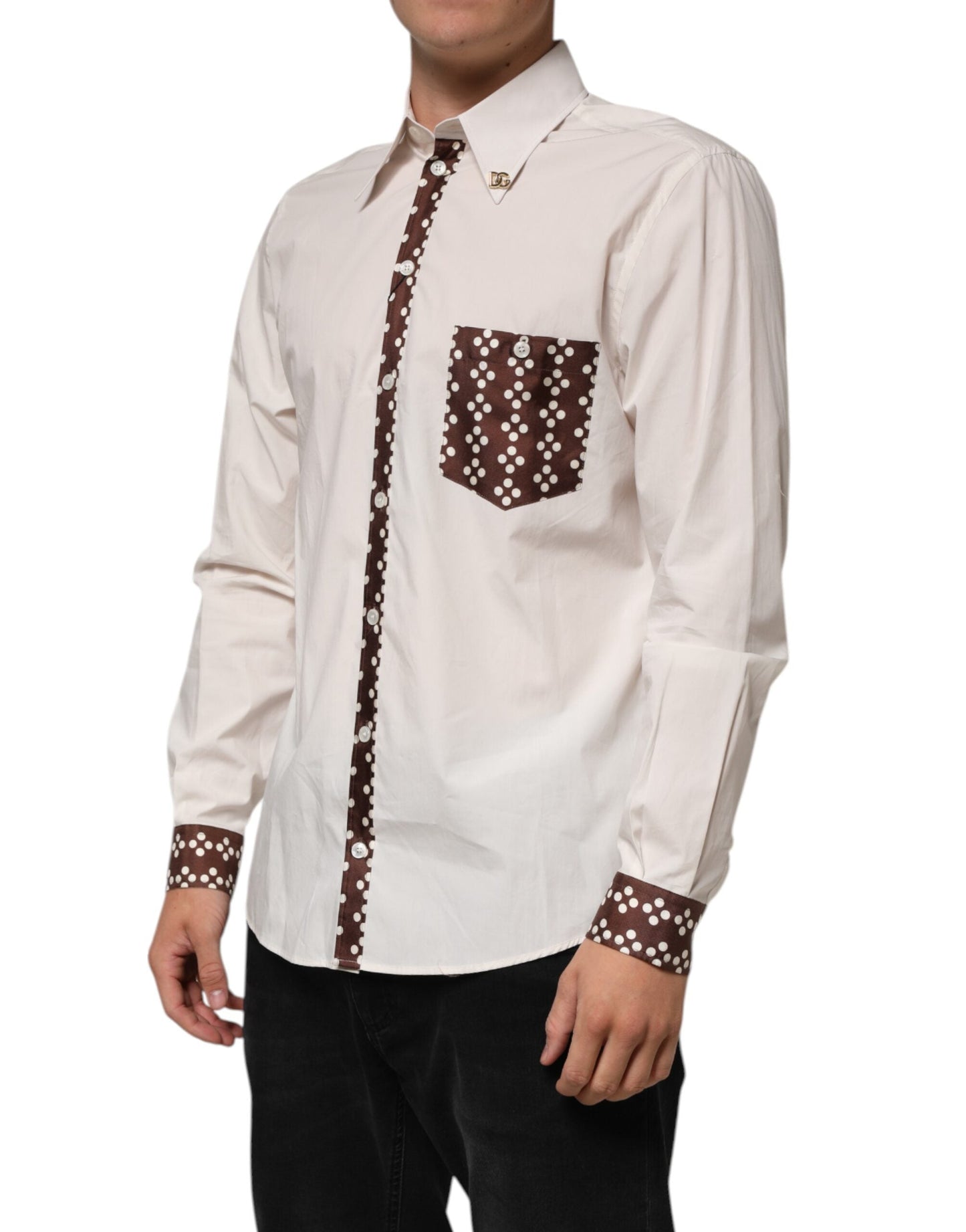 Dolce & Gabbana Cream White Cotton Polka Dot Slim Fit Shirt