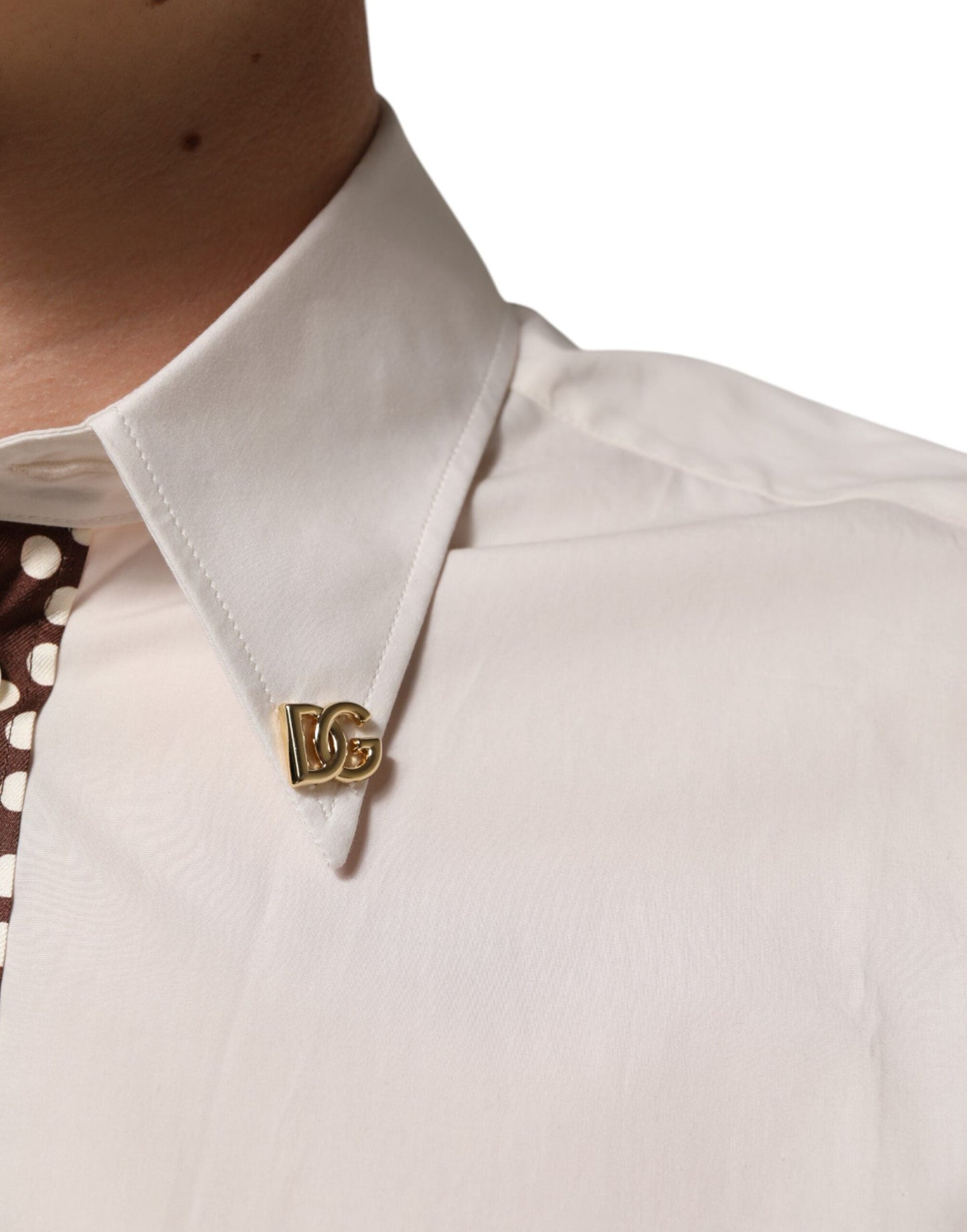 Dolce & Gabbana Cream White Cotton Polka Dot Slim Fit Shirt