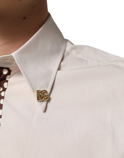 Dolce & Gabbana Cream White Cotton Polka Dot Slim Fit Shirt