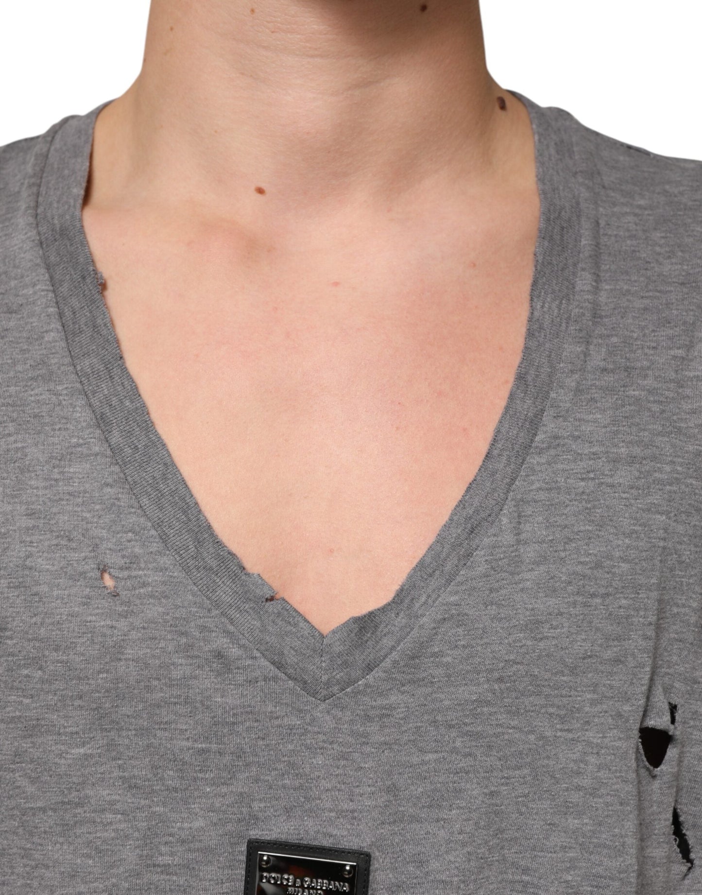 Dolce & Gabbana Gray Cotton Tattered Logo Patch Men T-shirt