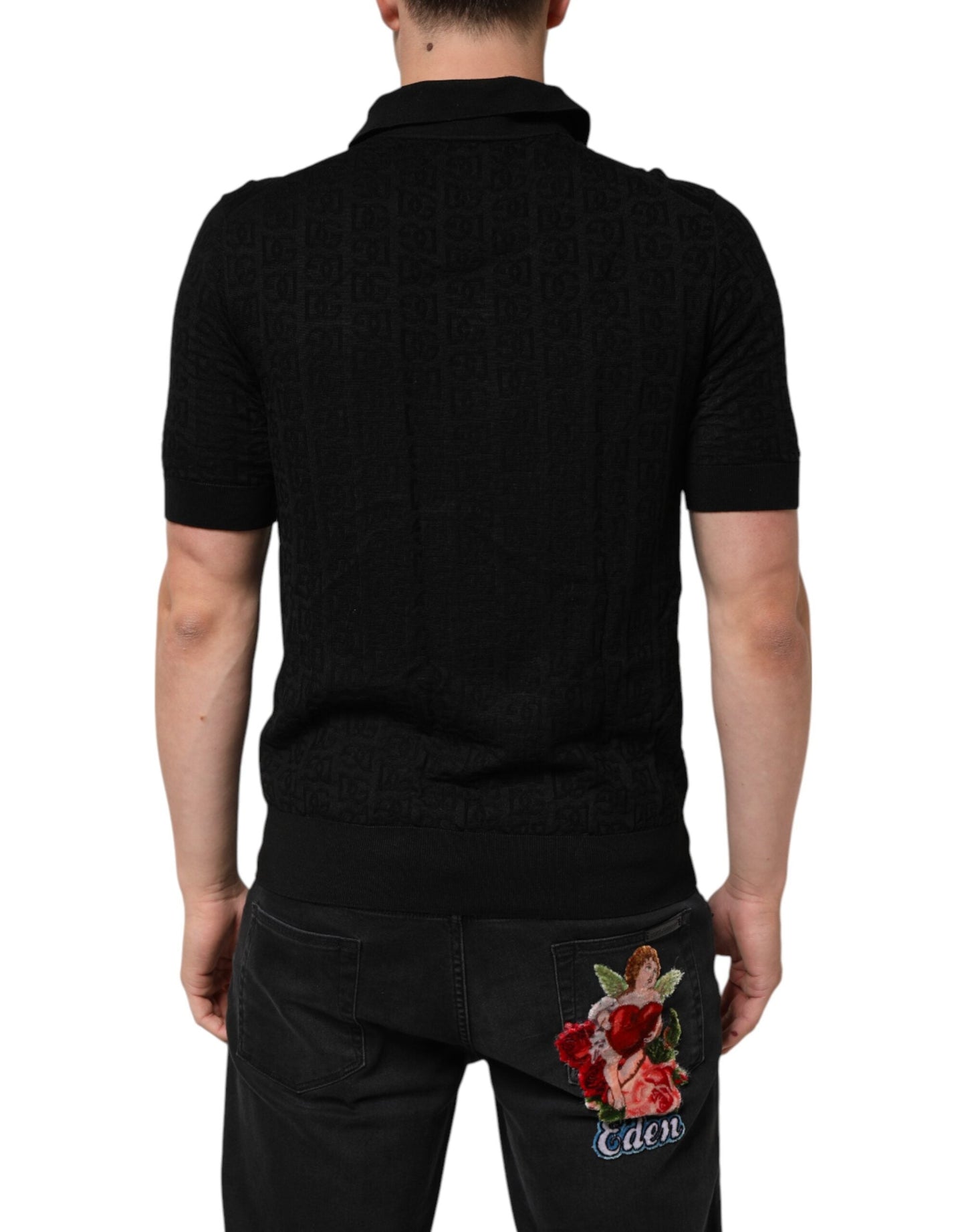 Dolce & Gabbana Black Silk Jacquard DG Polo Shirt T-shirt