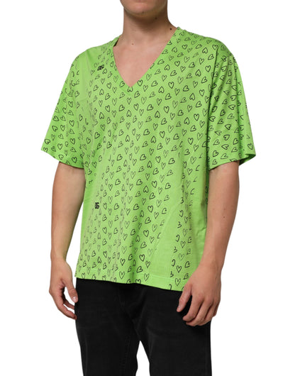 Dolce & Gabbana Green V-Neck DG Logo Heart Print T-shirt
