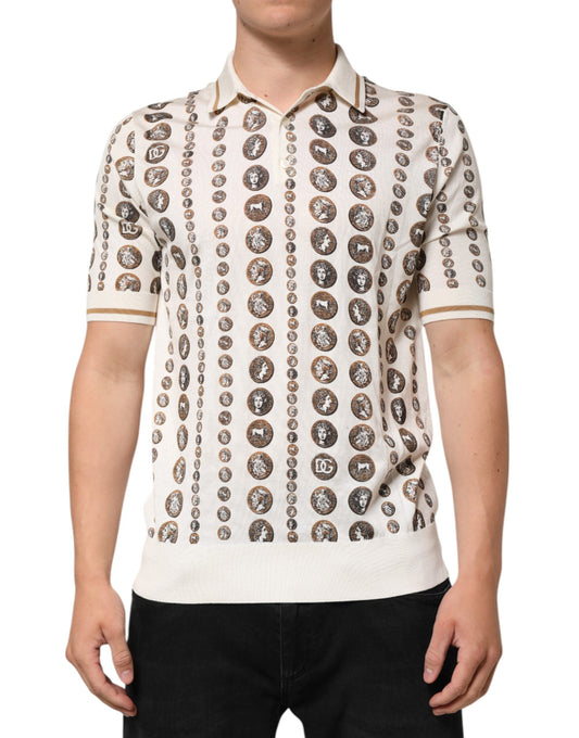 Dolce & Gabbana Silk Ivory Coin Print Logo Men Polo T-shirt